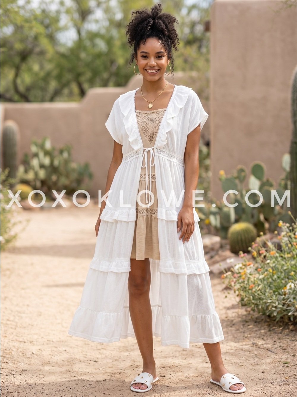 POL White Ruffle Tiered Tie Waist Duster | Lace V Neck Flowy Long Cardigan